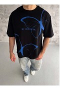 Erkek Kısa Kol Yazlık Tişört Bisiklet Yaka Baskılı Oversize T-Shirt - Siyah