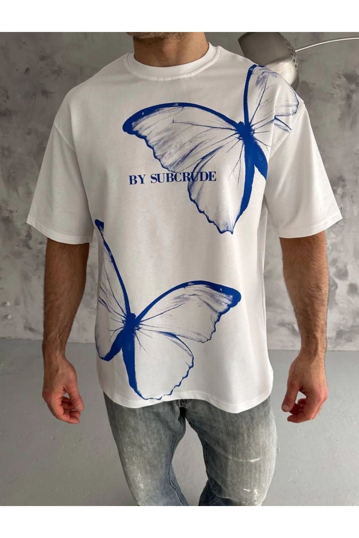 Erkek Kısa Kol Yazlık Tişört Bisiklet Yaka Baskılı Oversize T-Shirt - Beyaz