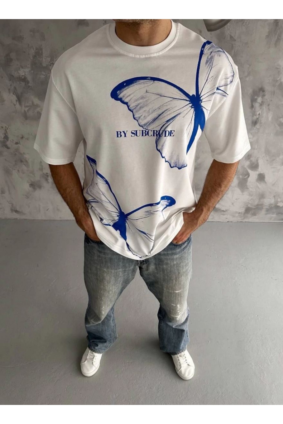 Erkek Kısa Kol Yazlık Tişört Bisiklet Yaka Baskılı Oversize T-Shirt - Beyaz
