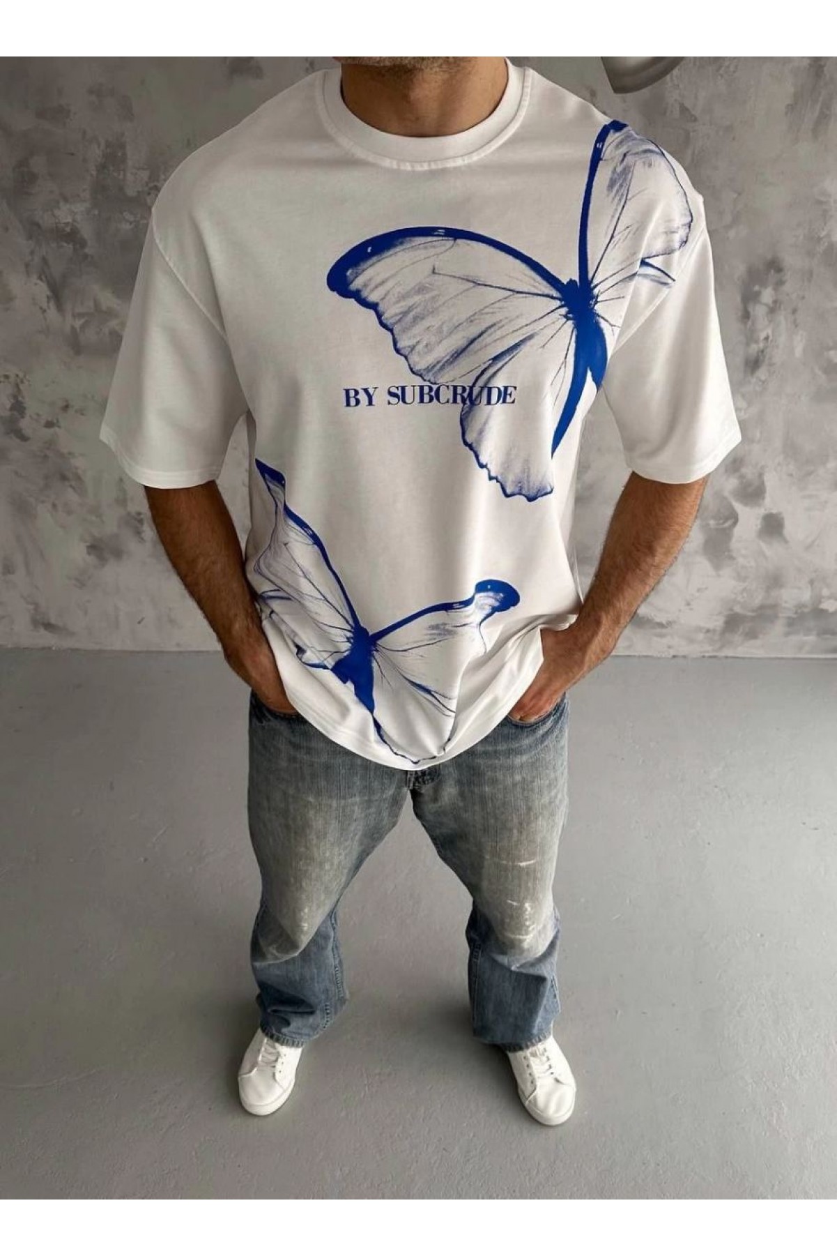 Erkek Kısa Kol Yazlık Tişört Bisiklet Yaka Baskılı Oversize T-Shirt - Beyaz