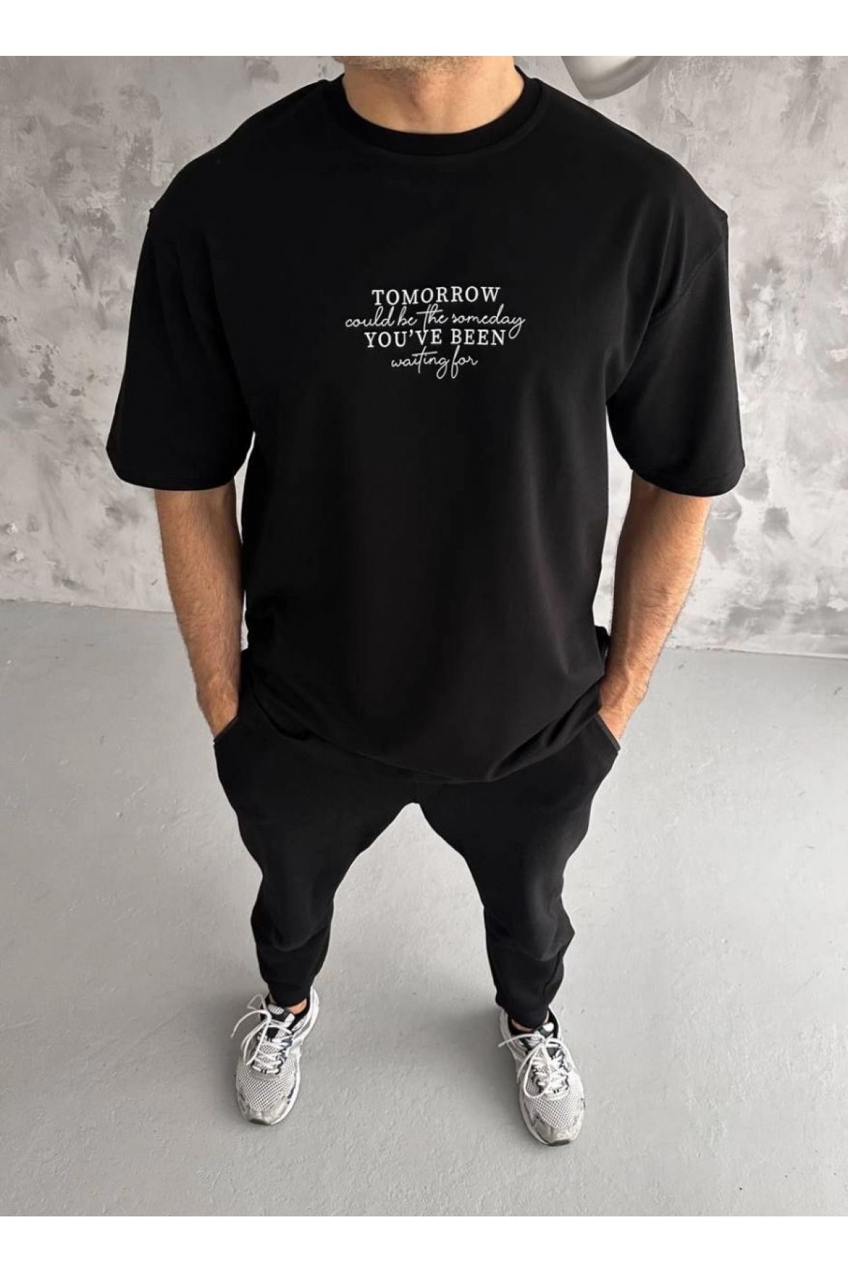 Erkek Kısa Kol Yazlık Tişört Bisiklet Yaka Baskılı Oversize T-Shirt - Siyah