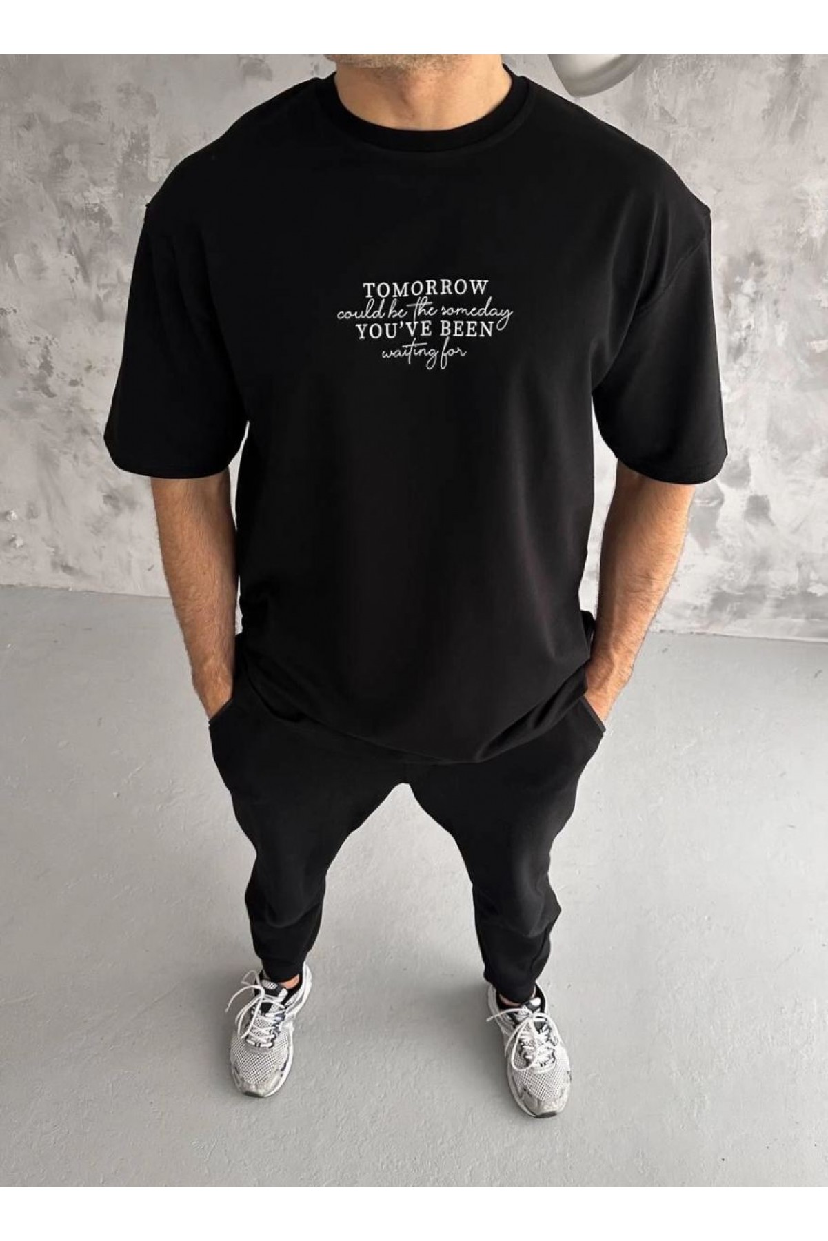 Erkek Kısa Kol Yazlık Tişört Bisiklet Yaka Baskılı Oversize T-Shirt - Siyah