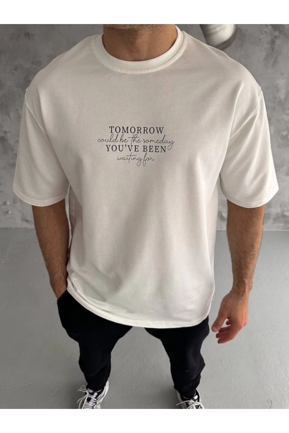 Erkek Kısa Kol Yazlık Tişört Bisiklet Yaka Baskılı Oversize T-Shirt - Beyaz