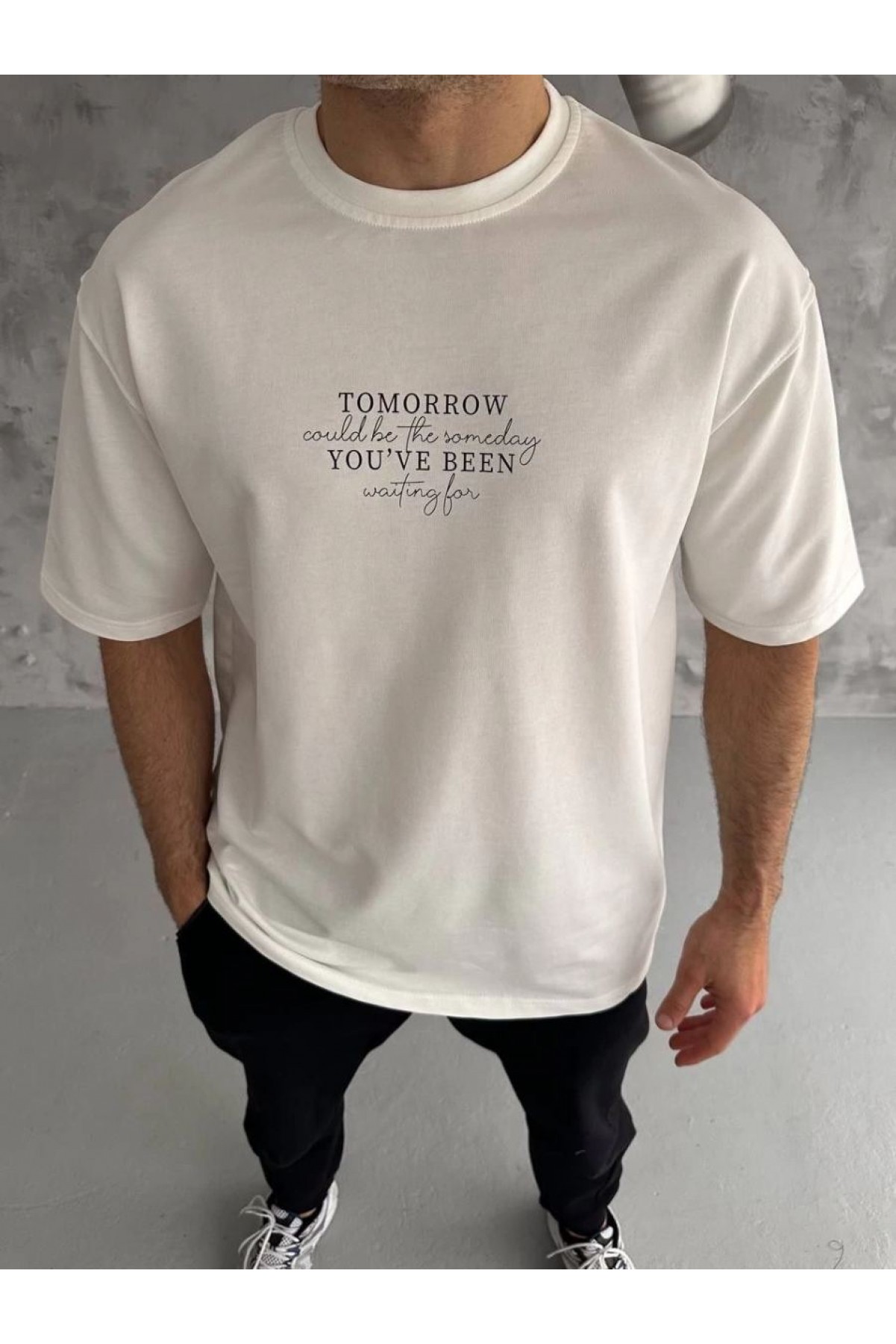 Erkek Kısa Kol Yazlık Tişört Bisiklet Yaka Baskılı Oversize T-Shirt - Beyaz