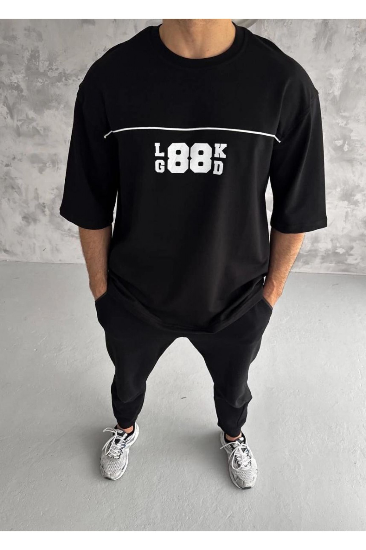 Erkek Kısa Kol Yazlık Tişört Bisiklet Yaka Baskılı Oversize T-Shirt - Siyah
