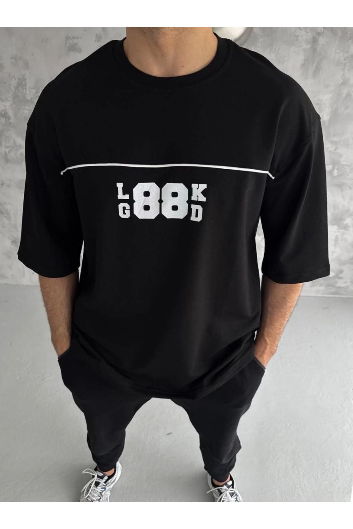 Erkek Kısa Kol Yazlık Tişört Bisiklet Yaka Baskılı Oversize T-Shirt - Siyah