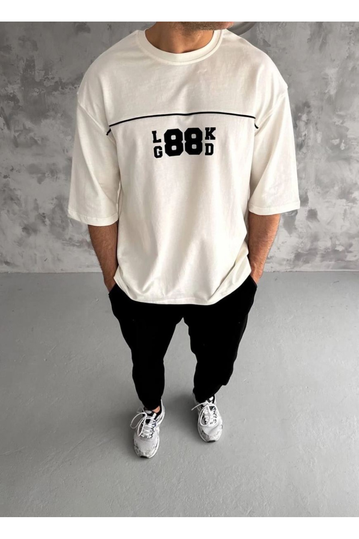 Erkek Kısa Kol Yazlık Tişört Bisiklet Yaka Baskılı Oversize T-Shirt - Beyaz
