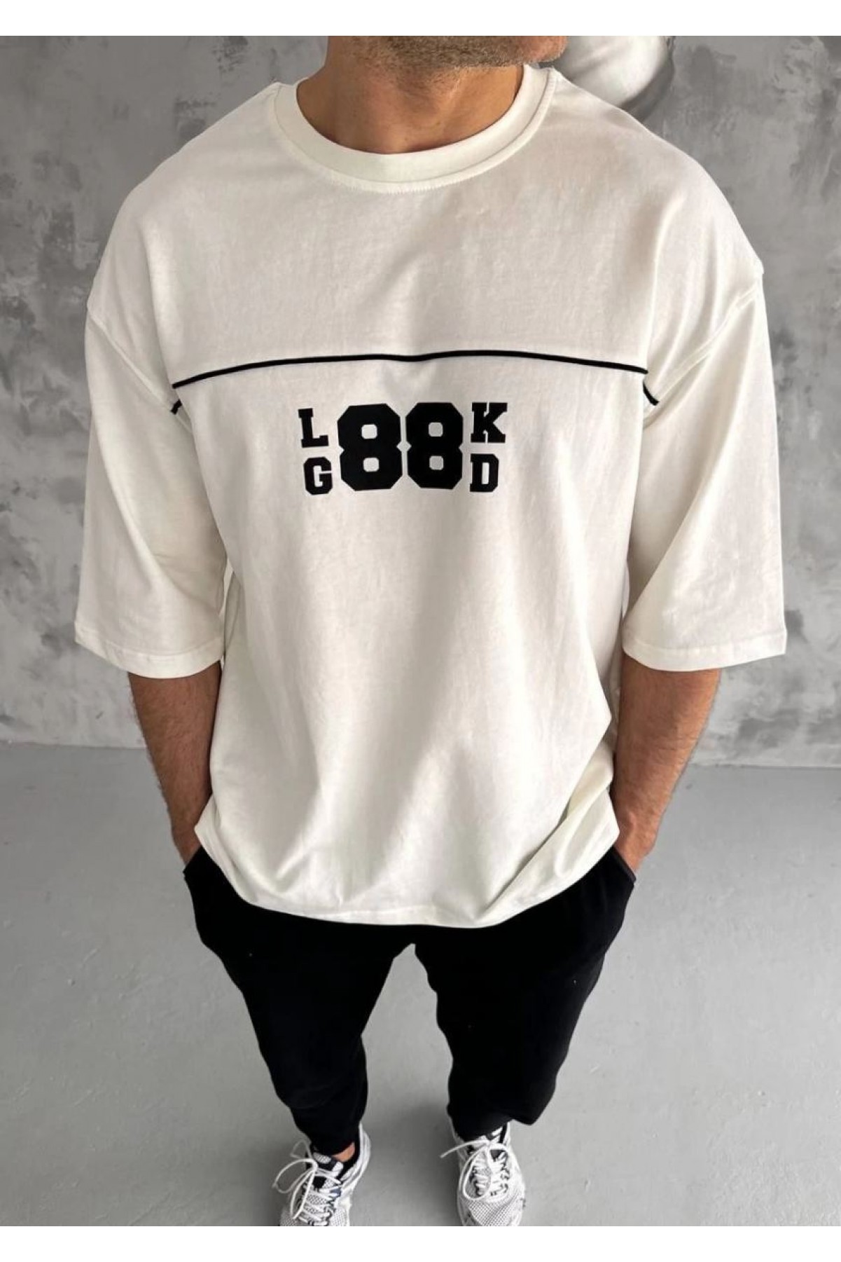 Erkek Kısa Kol Yazlık Tişört Bisiklet Yaka Baskılı Oversize T-Shirt - Beyaz