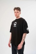 Erkek Kısa Kol Tişört Göğüs ve Kol Bisiklet Yaka Baskılı T-Shirt - Siyah