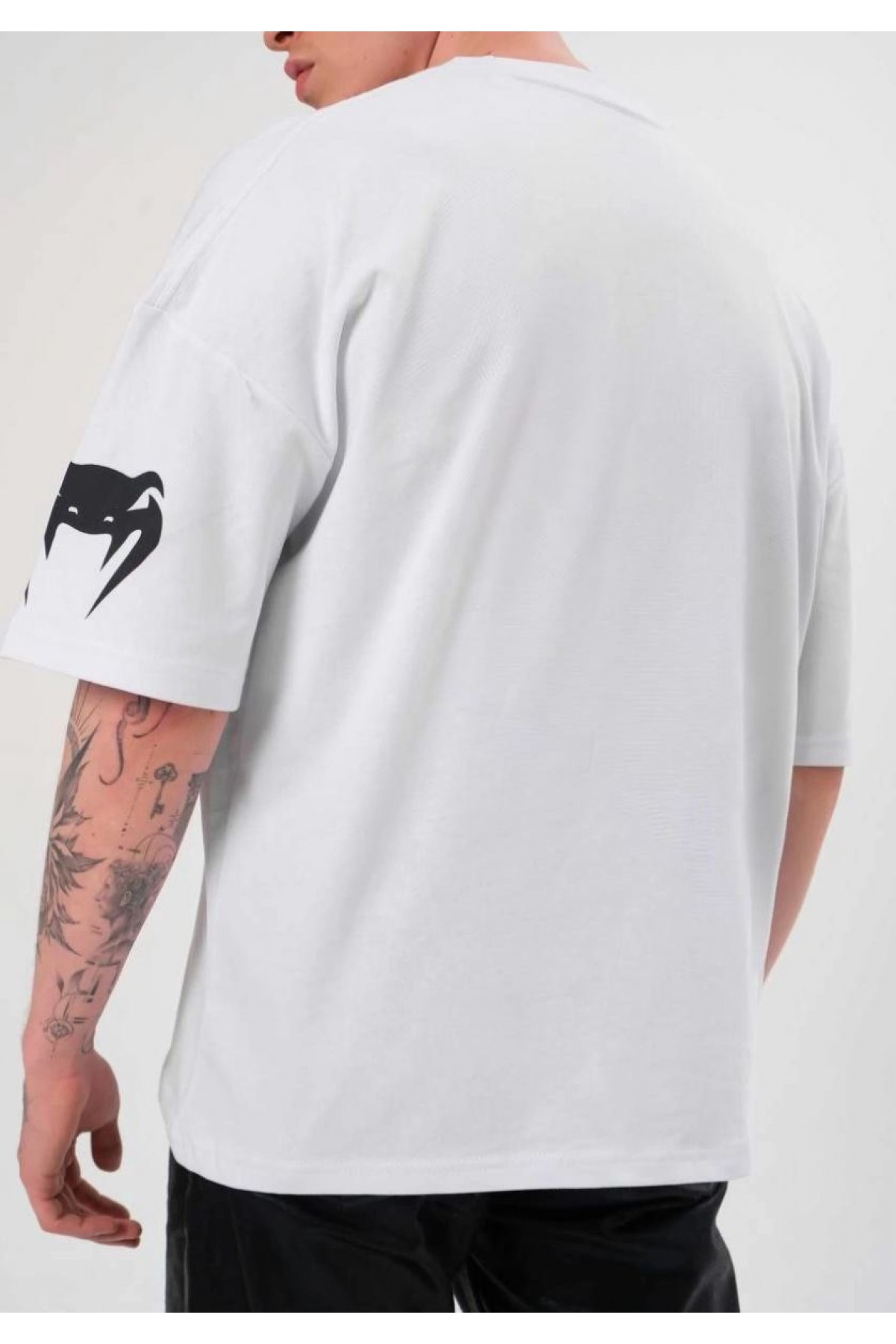 Erkek Kısa Kol Tişört Göğüs ve Kol Bisiklet Yaka Baskılı T-Shirt - Beyaz