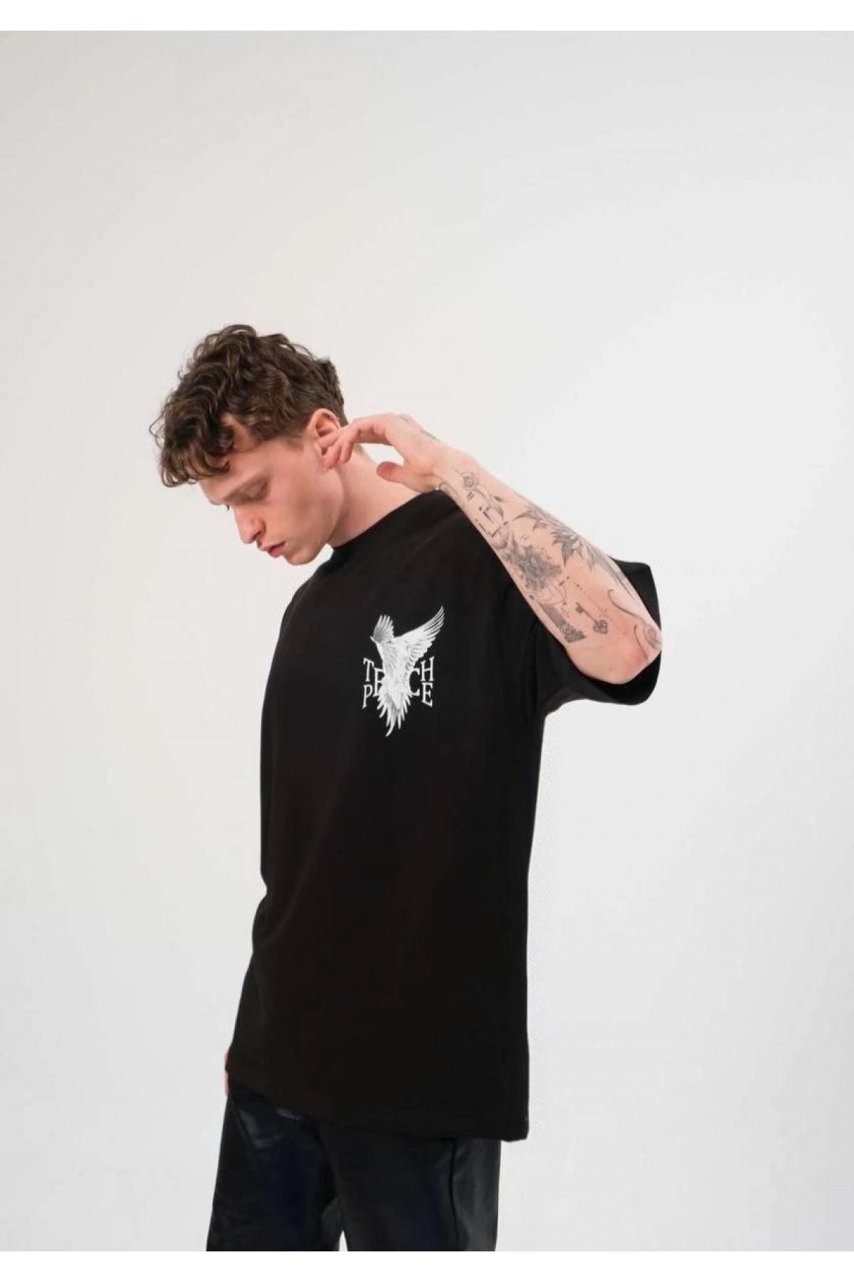 Erkek Kısa Kol Yazlık Tişört Bisiklet Yaka Baskılı Oversize T-Shirt - Siyah