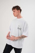 Erkek Kısa Kol Yazlık Tişört Bisiklet Yaka Baskılı Oversize T-Shirt - Beyaz