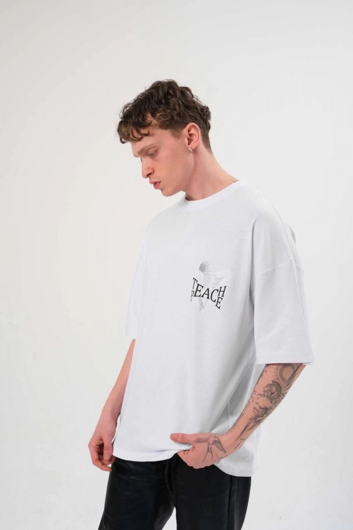Erkek Kısa Kol Yazlık Tişört Bisiklet Yaka Baskılı Oversize T-Shirt - Beyaz