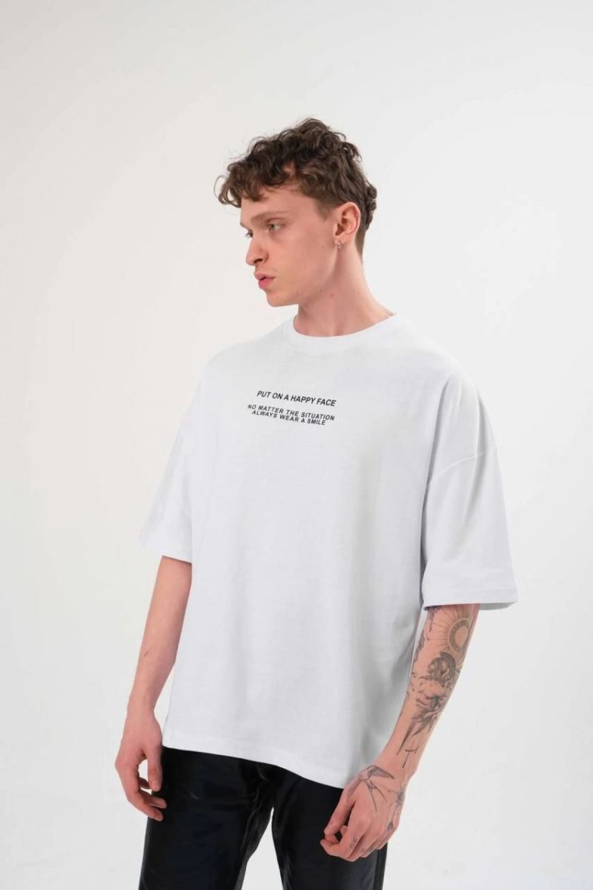 Erkek Kısa Kol Yazlık Tişört Bisiklet Yaka Baskılı Oversize T-Shirt - Beyaz
