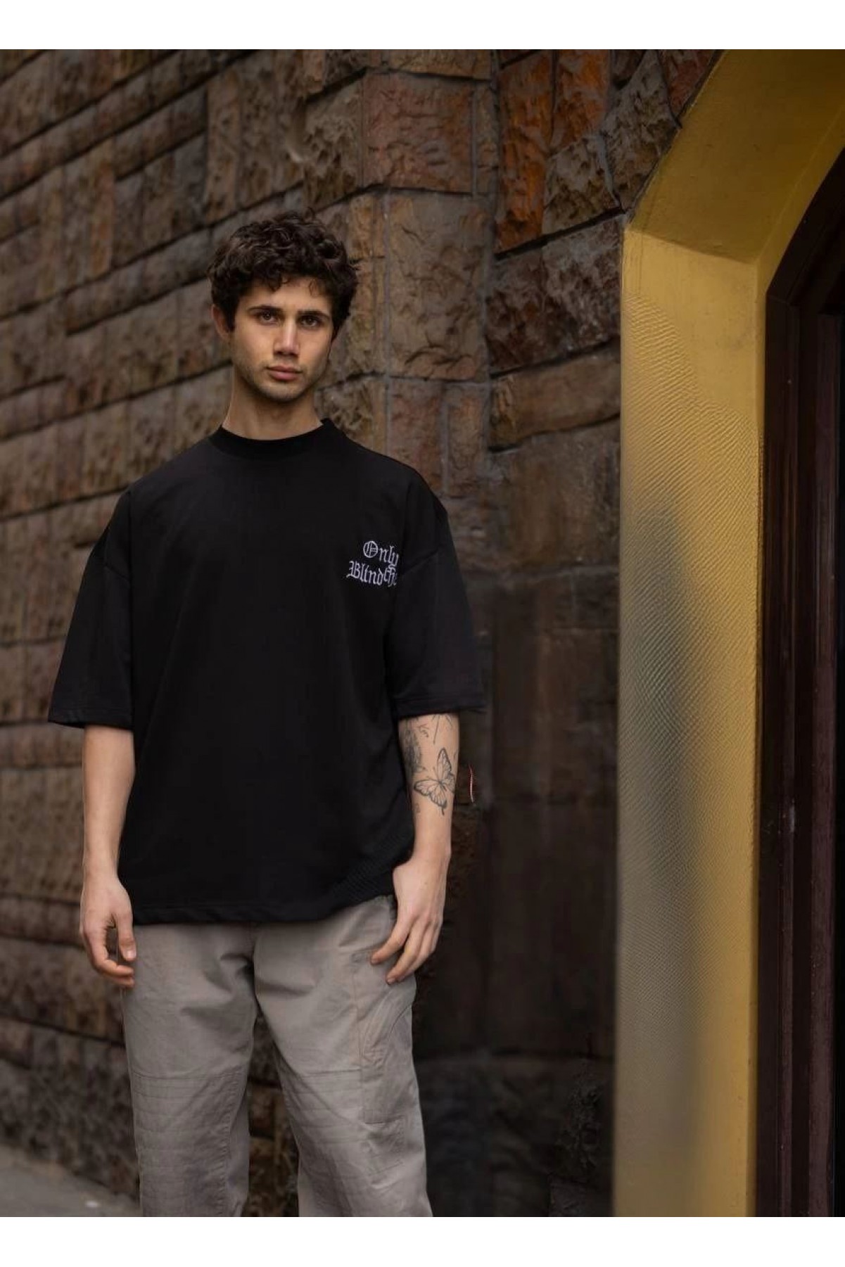 Erkek Kısa Kol Yazlık Tişört Bisiklet Yaka Baskılı Oversize T-Shirt - Siyah
