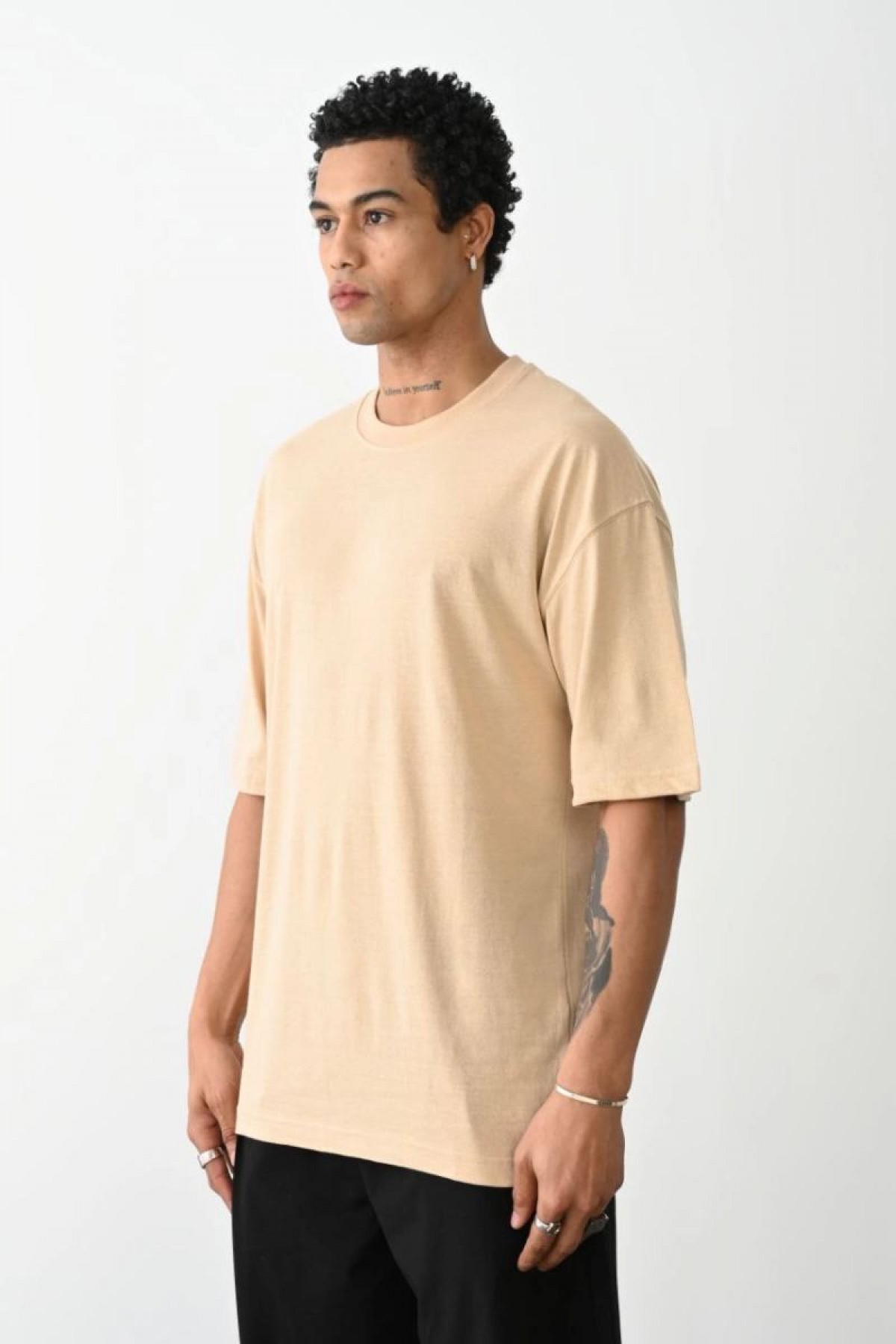 Erkek Tişört Düz Basic Penye Yazlık Bisiklet Yaka Kısa Kol T-Shirt - Bej