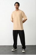 Erkek Tişört Düz Basic Penye Yazlık Bisiklet Yaka Kısa Kol T-Shirt - Bej