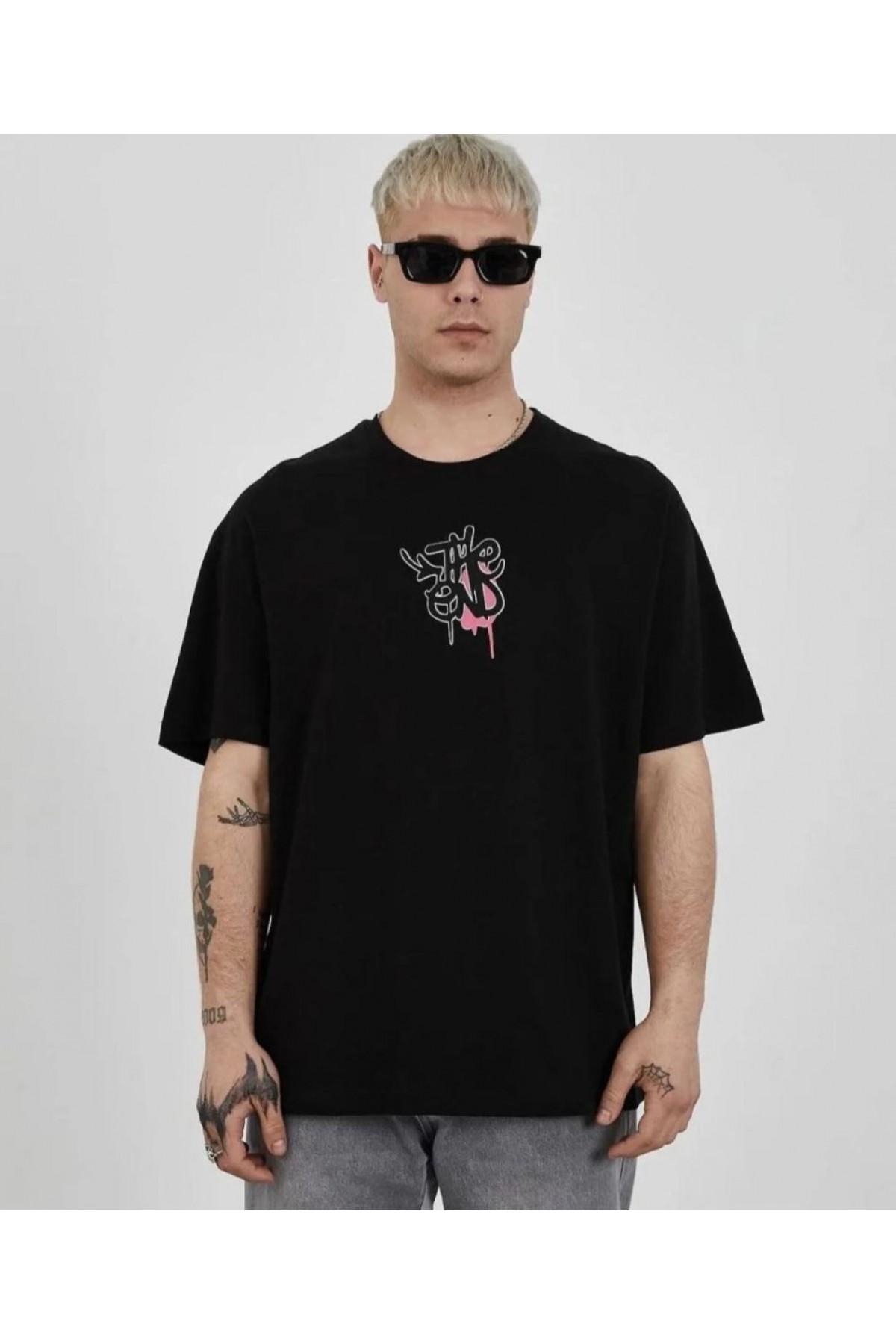 Erkek Kısa Kol Yazlık Tişört Bisiklet Yaka Baskılı Oversize T-Shirt -  Siyah