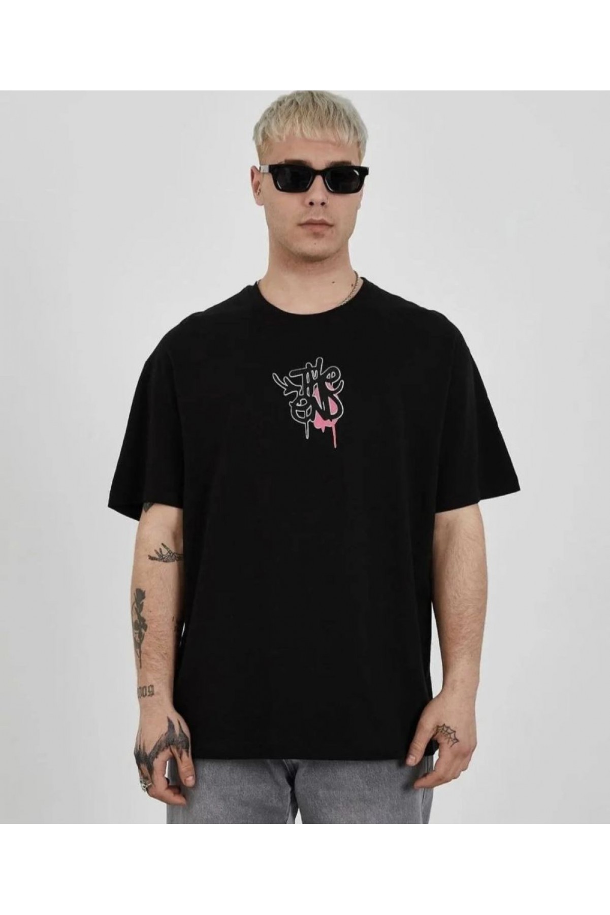 Erkek Kısa Kol Yazlık Tişört Bisiklet Yaka Baskılı Oversize T-Shirt -  Siyah