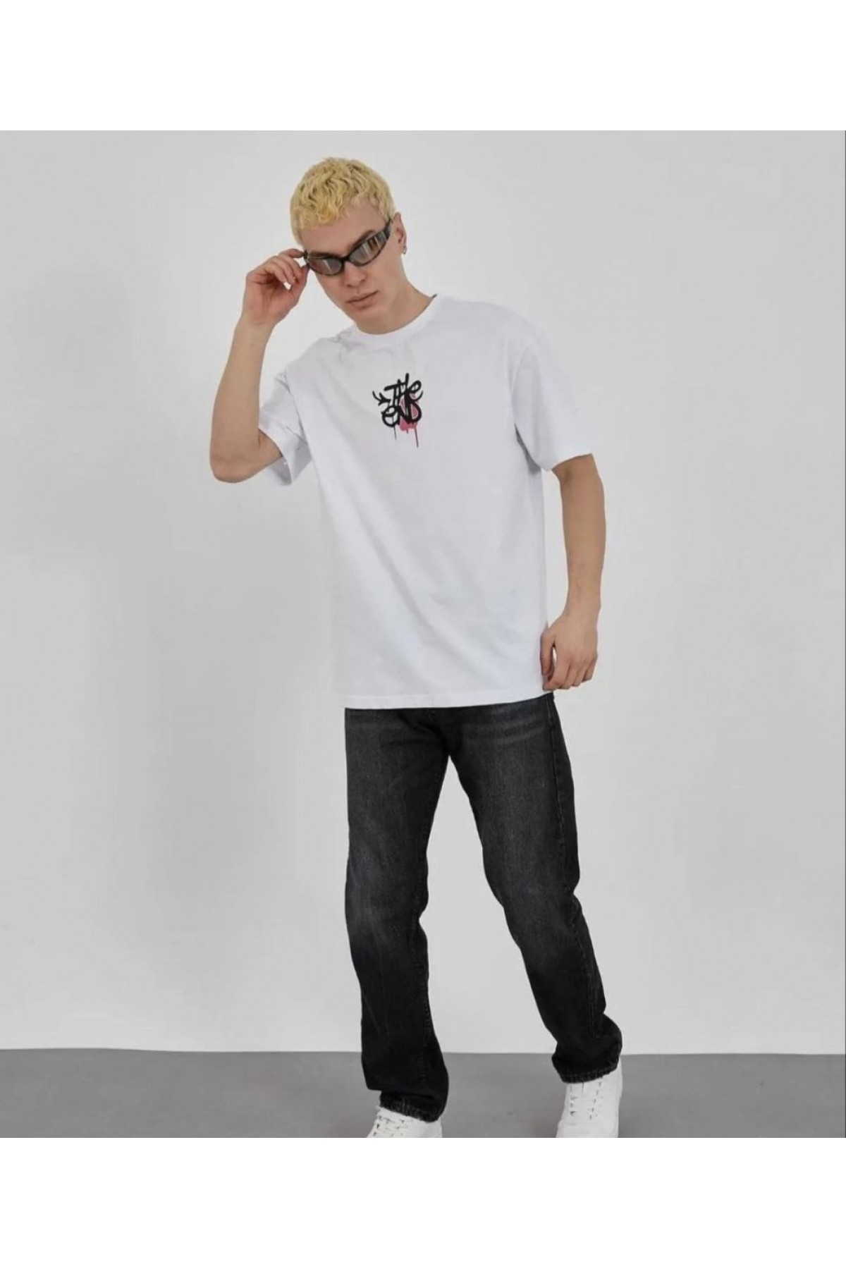 Erkek Kısa Kol Yazlık Tişört Bisiklet Yaka Baskılı Oversize T-Shirt - Beyaz