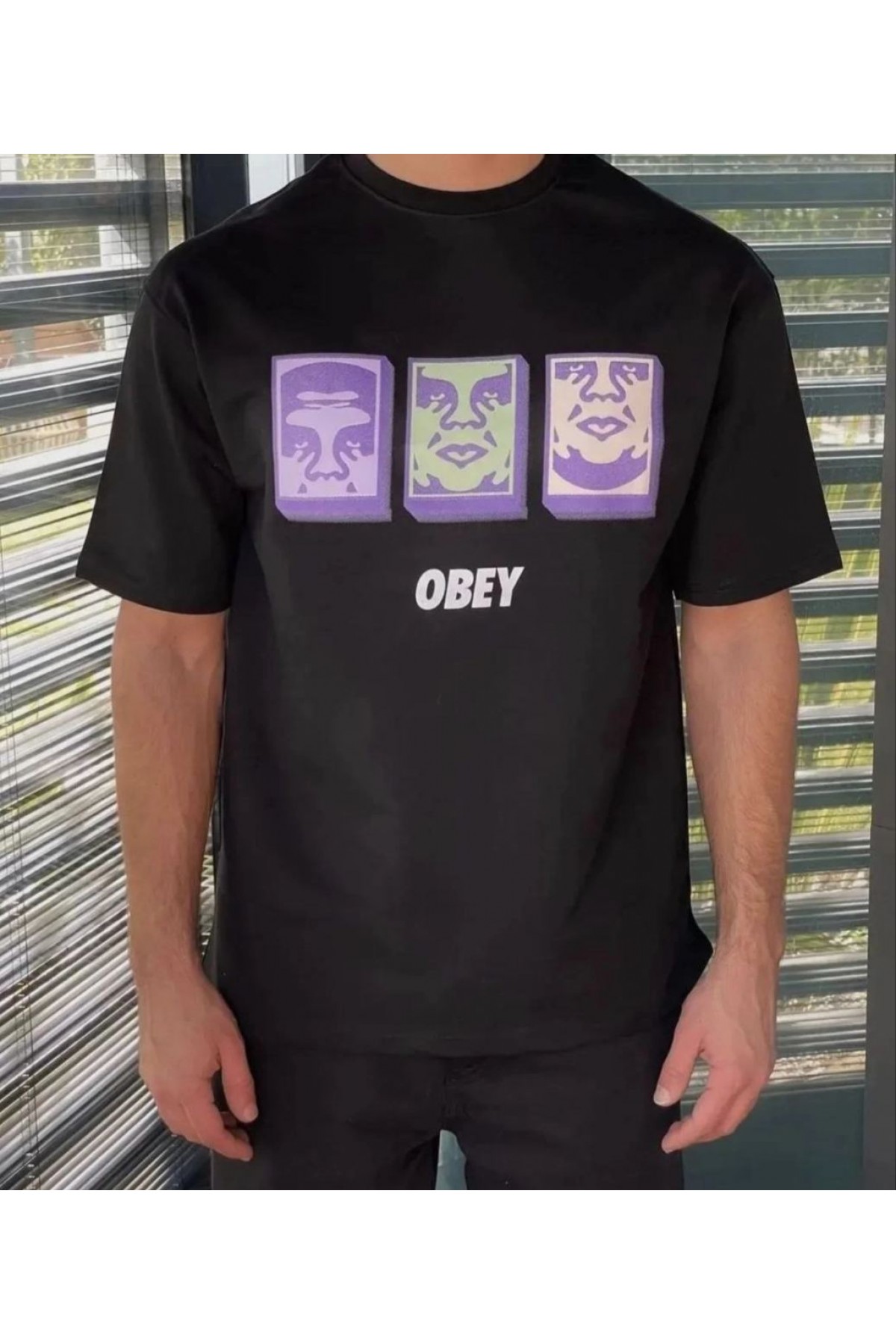 ERKEK Bisiklet Yaka Baskılı Oversize Kısa kol T-Shirt - Siyah