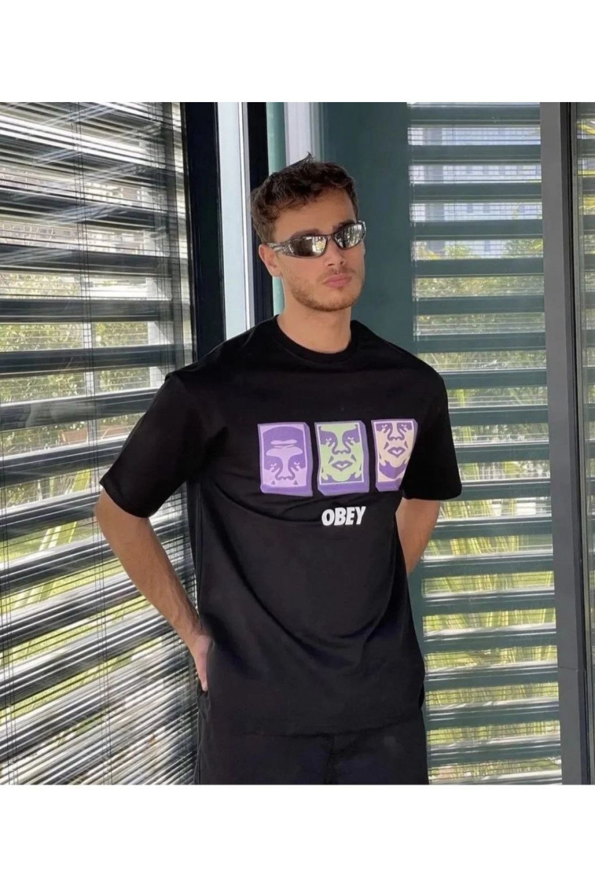 ERKEK Bisiklet Yaka Baskılı Oversize Kısa kol T-Shirt - Siyah