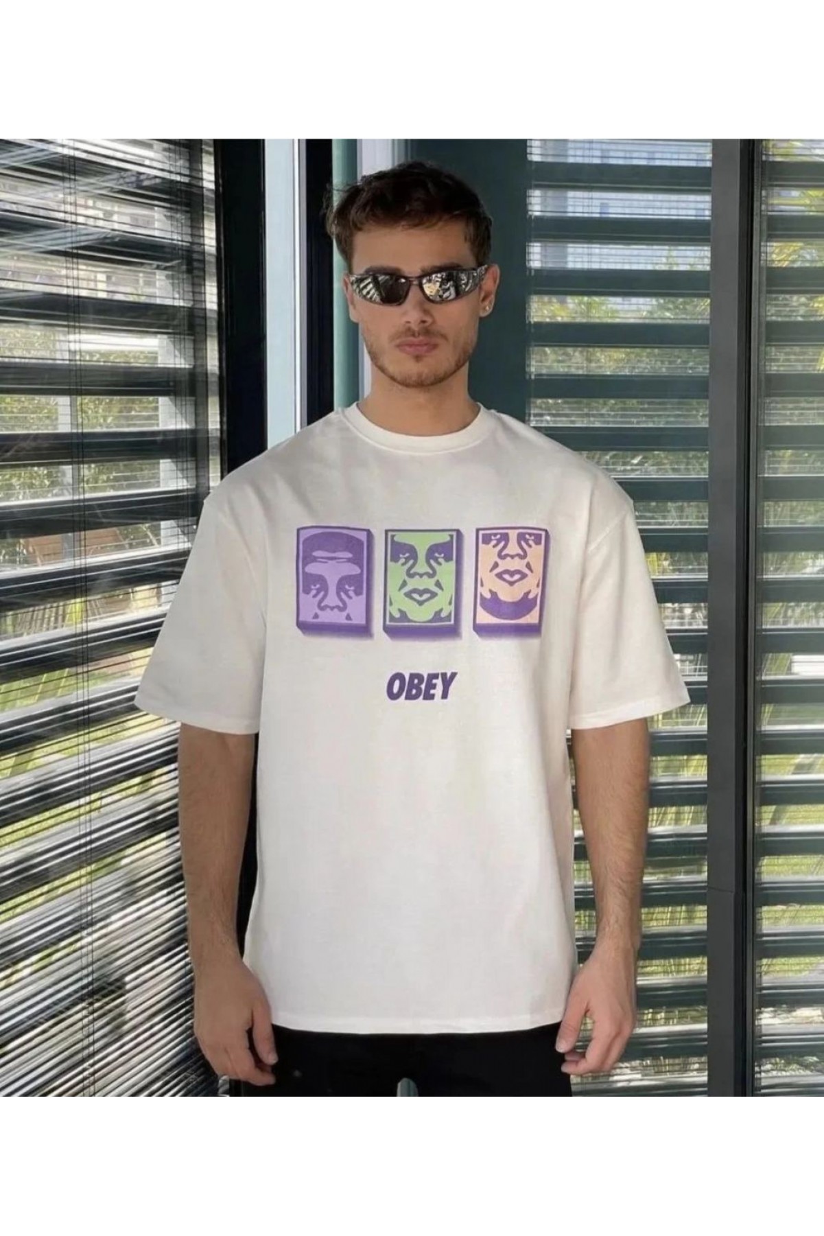 Erkek Kısa Kol Yazlık Tişört Bisiklet Yaka Baskılı Oversize T-Shirt - Beyaz