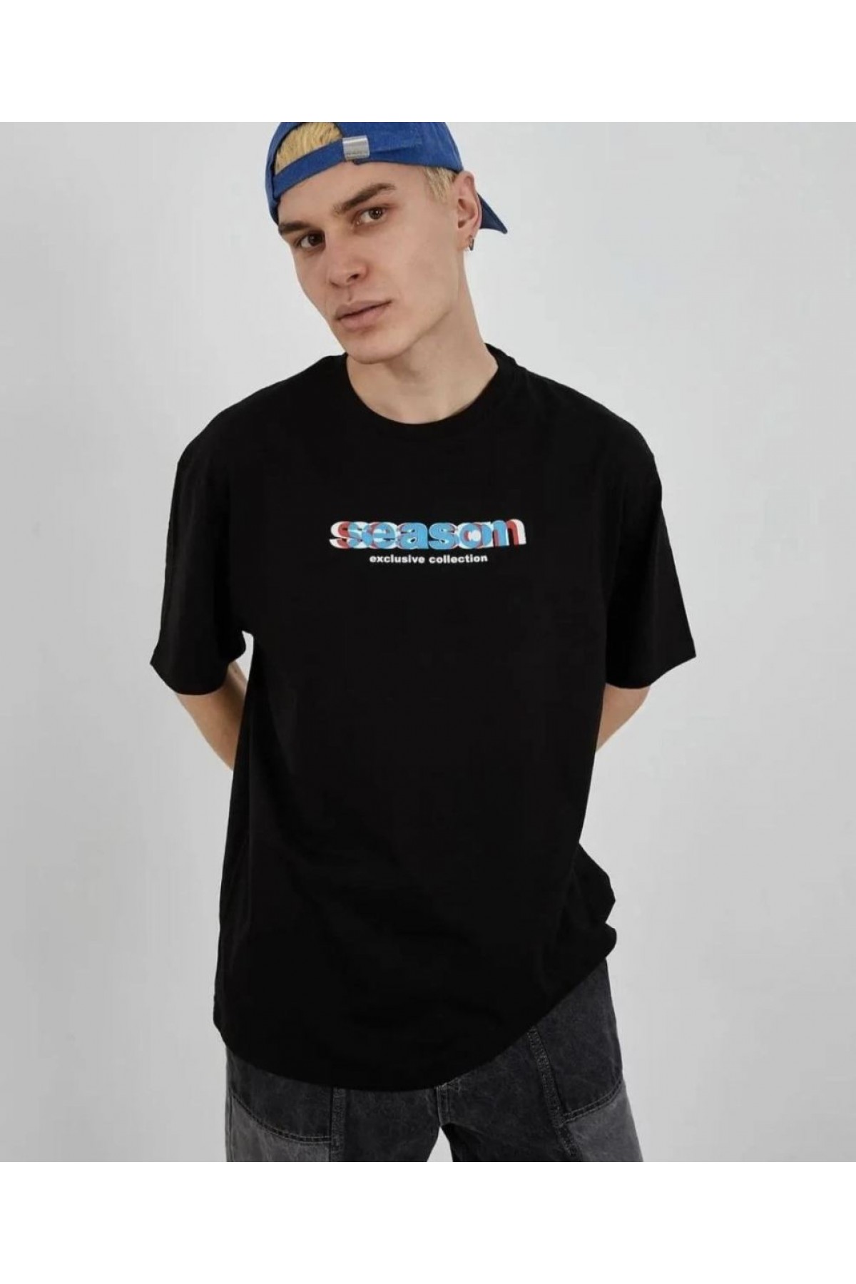 Erkek Kısa Kol Yazlık Tişört Bisiklet Yaka Baskılı Oversize T-Shirt - Siyah