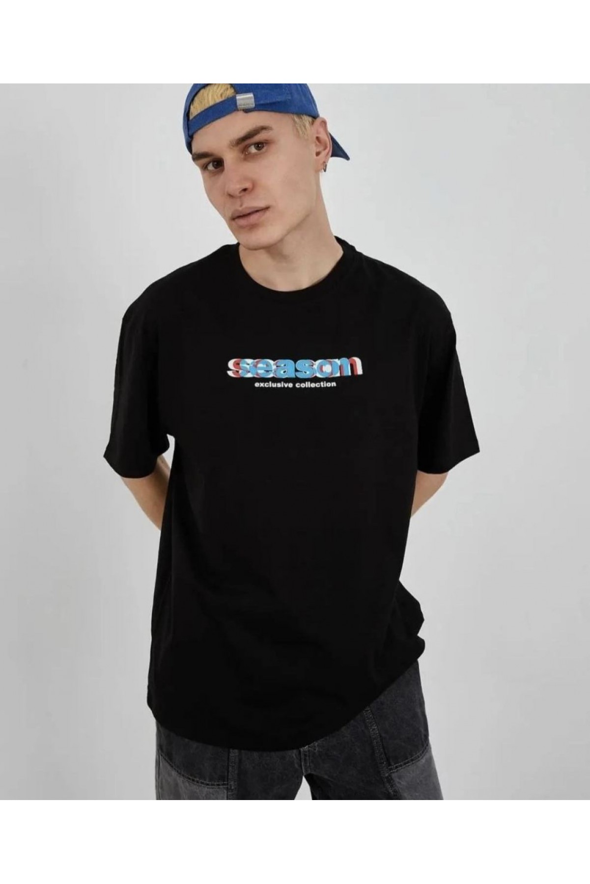 Erkek Kısa Kol Yazlık Tişört Bisiklet Yaka Baskılı Oversize T-Shirt - Siyah
