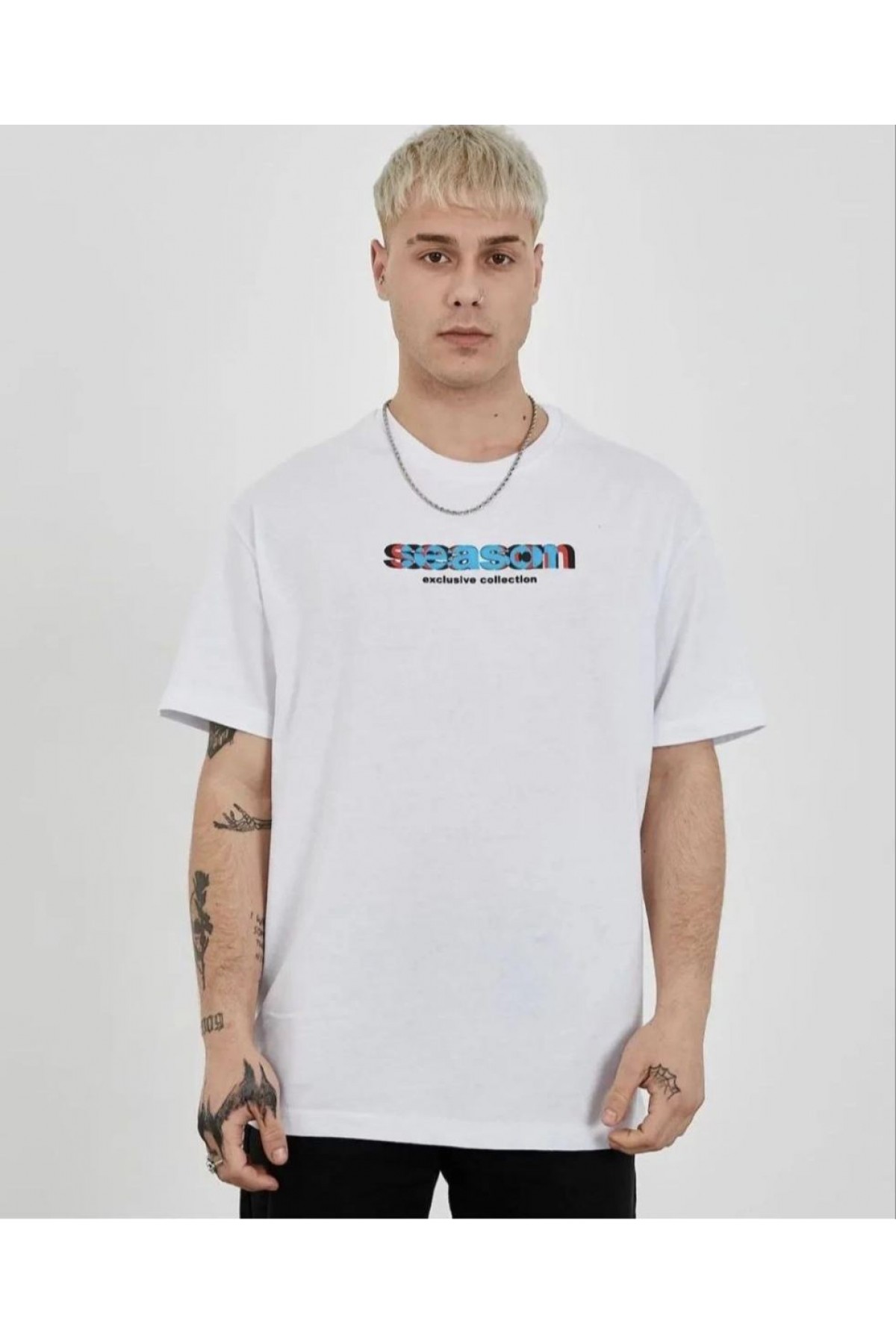 Erkek Kısa Kol Yazlık Tişört Bisiklet Yaka Baskılı Oversize T-Shirt - Beyaz