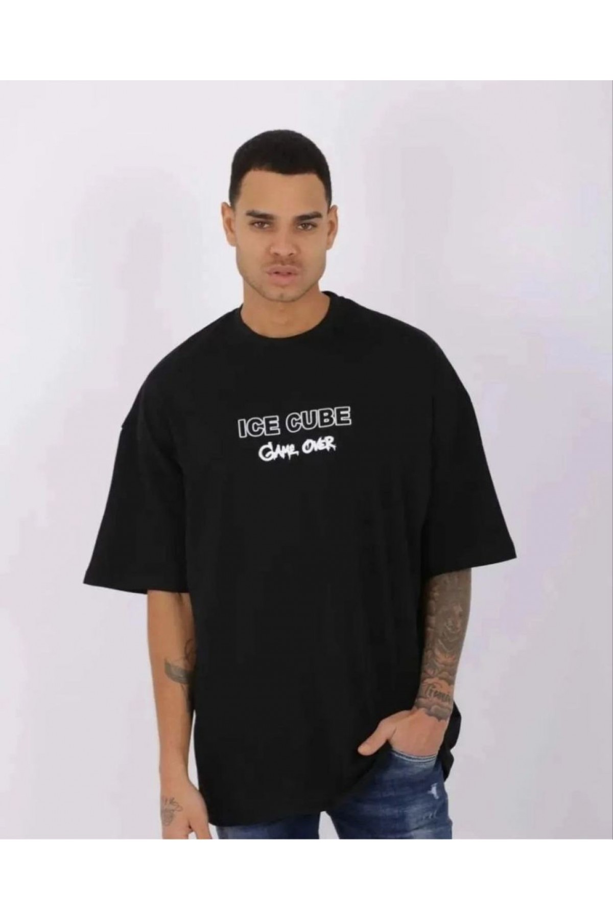 Erkek Kısa Kol Yazlık Tişört Bisiklet Yaka Baskılı Oversize T-Shirt - Siyah