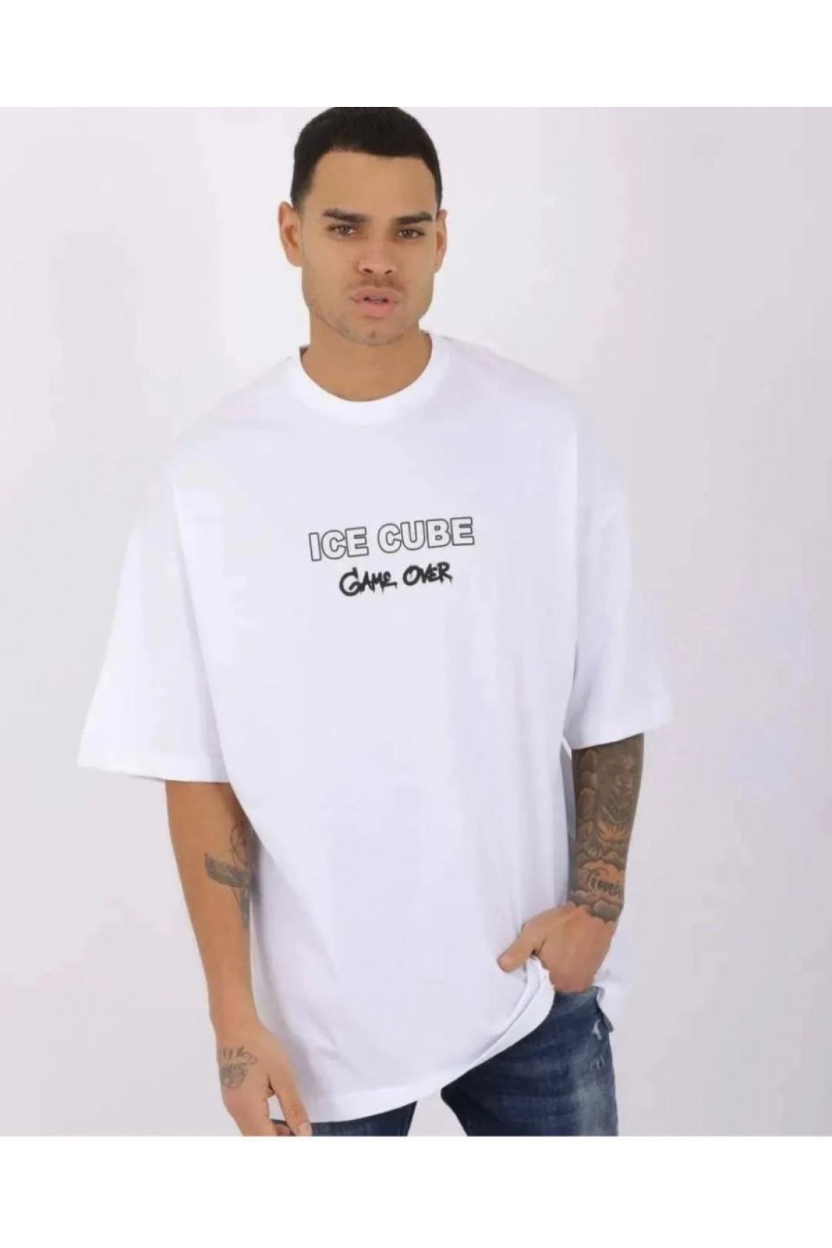Erkek Kısa Kol Yazlık Tişört Bisiklet Yaka Baskılı Oversize T-Shirt - Beyaz