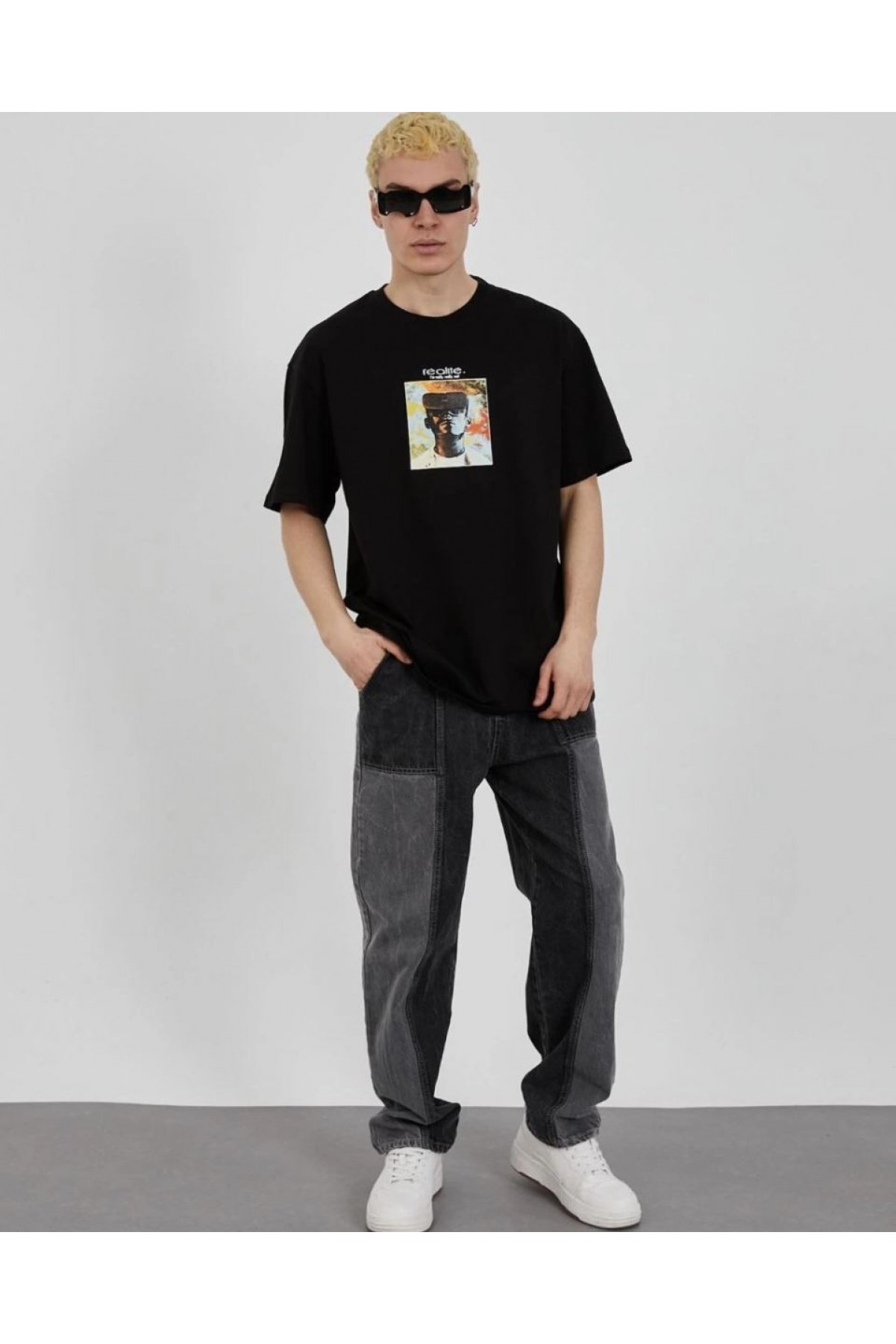 Erkek Kısa Kol Yazlık Tişört Bisiklet Yaka Baskılı Oversize T-Shirt - Siyah