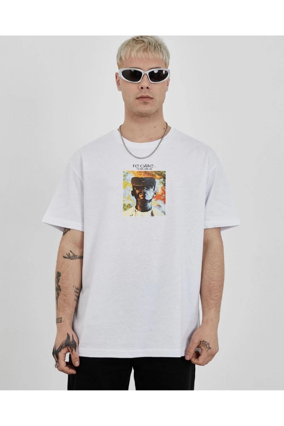 Erkek Kısa Kol Yazlık Tişört Bisiklet Yaka Baskılı Oversize T-Shirt - Beyaz
