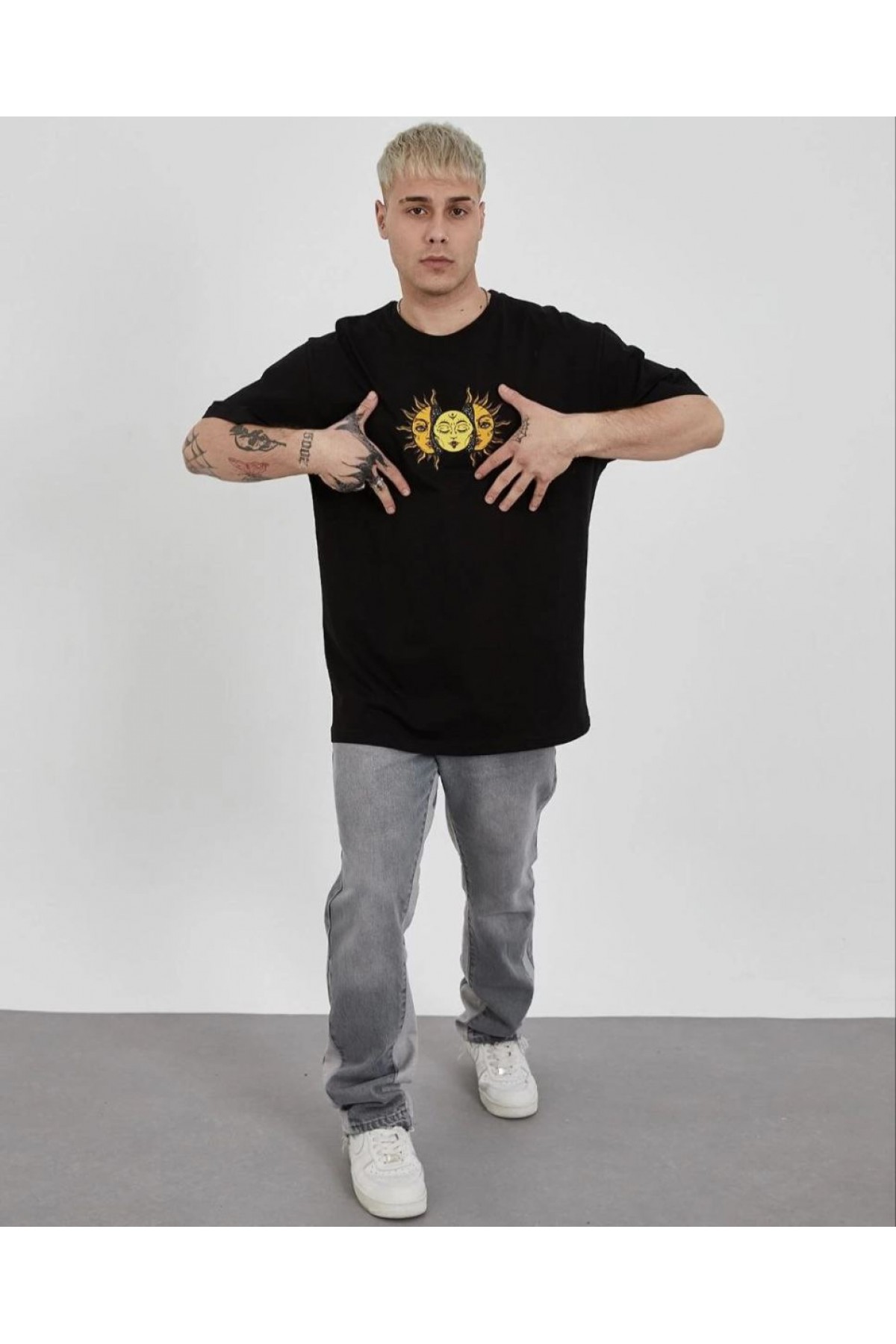 Erkek Kısa Kol Yazlık Tişört Bisiklet Yaka Baskılı Oversize T-Shirt - Siyah