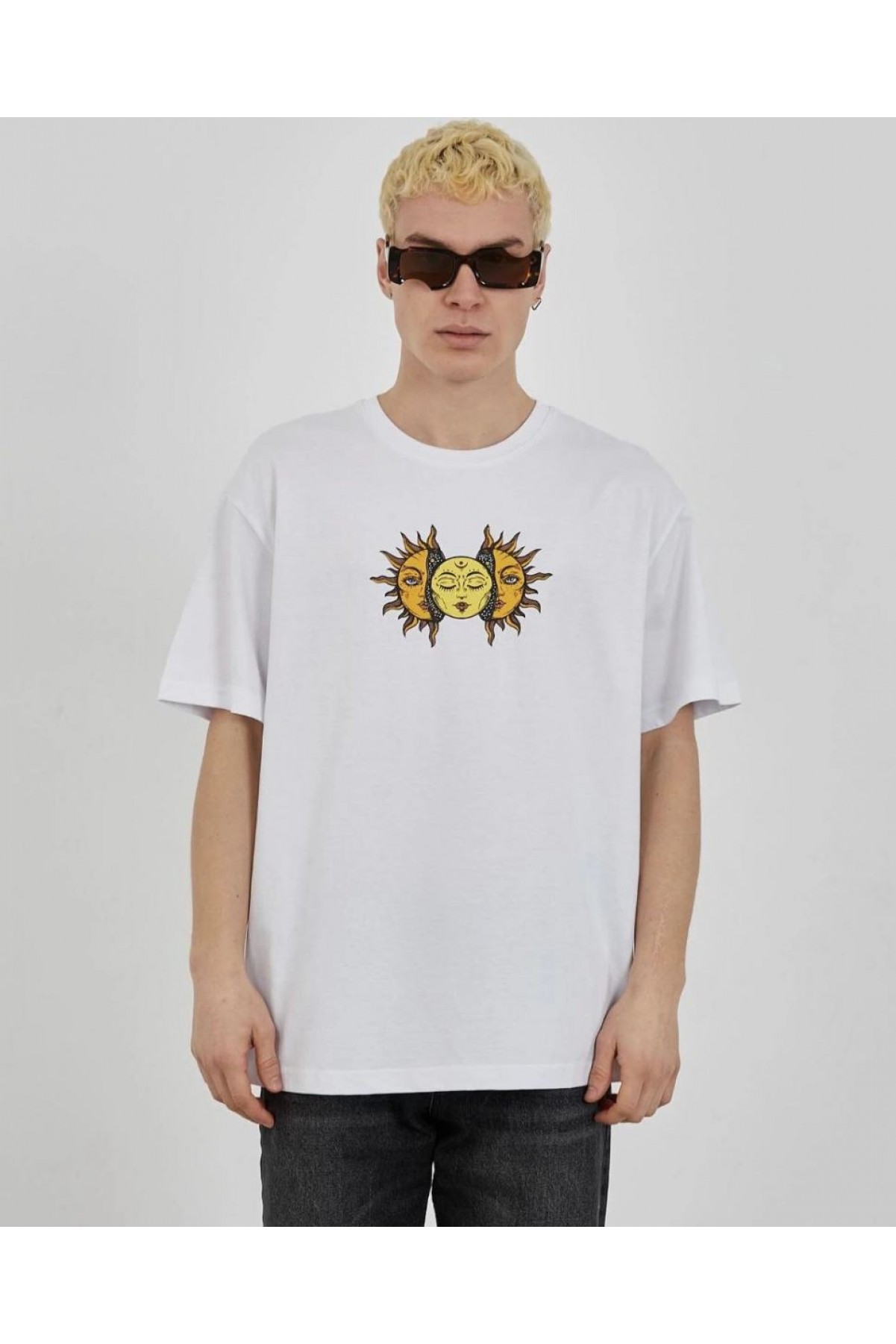 Erkek Kısa Kol Yazlık Tişört Bisiklet Yaka Baskılı Oversize T-Shirt - Beyaz