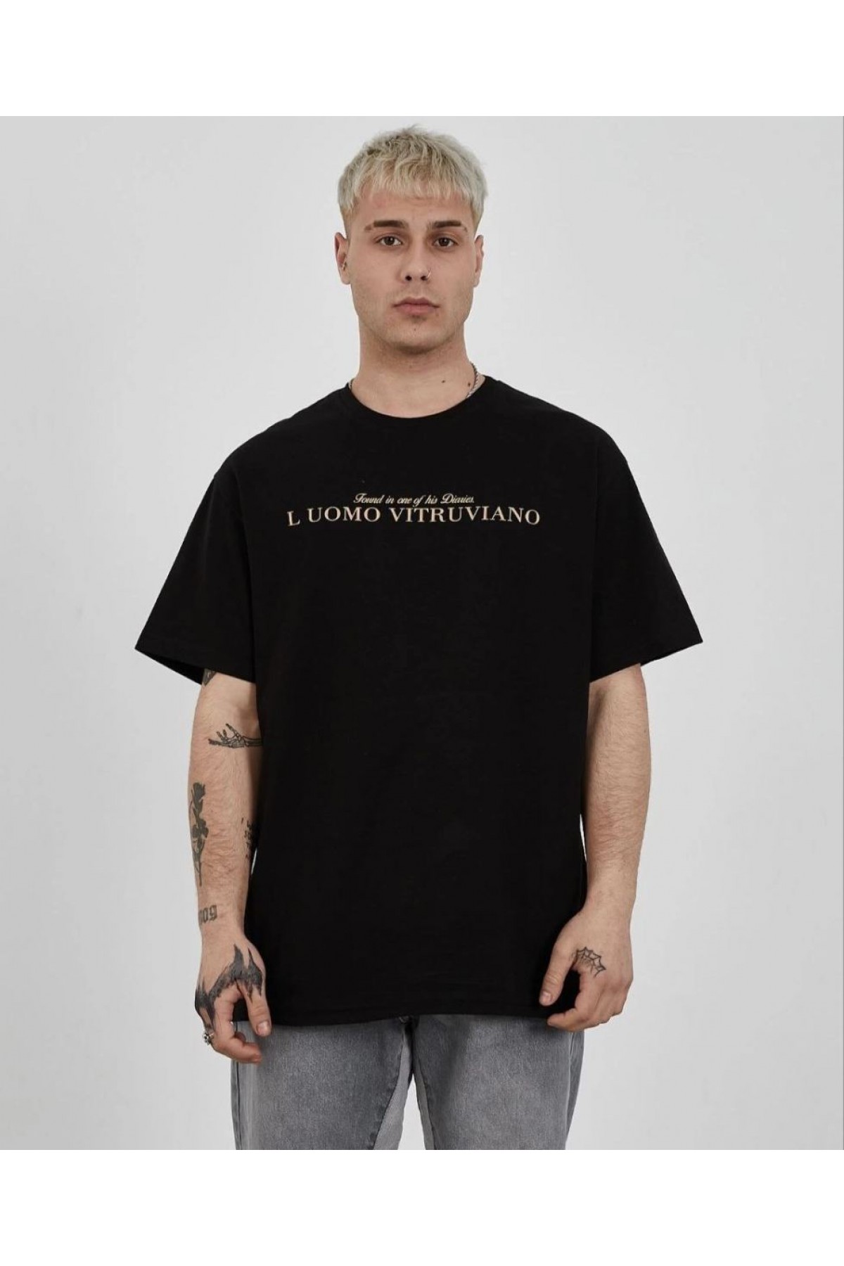 ERKEK Bisiklet Yaka Tişort Baskılı Oversize kısa kol T-Shirt - Siyah