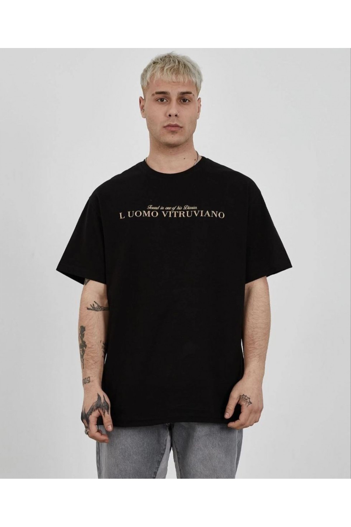 ERKEK Bisiklet Yaka Tişort Baskılı Oversize kısa kol T-Shirt - Siyah