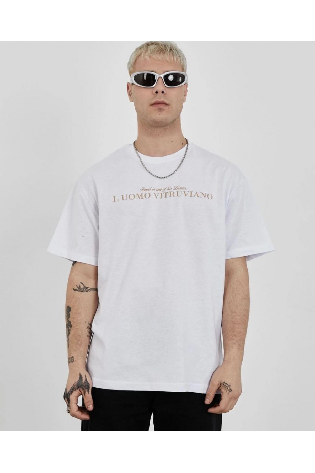 Erkek Bisiklet Yaka Tişort Baskılı Oversize kısa kol T-Shirt - Beyaz