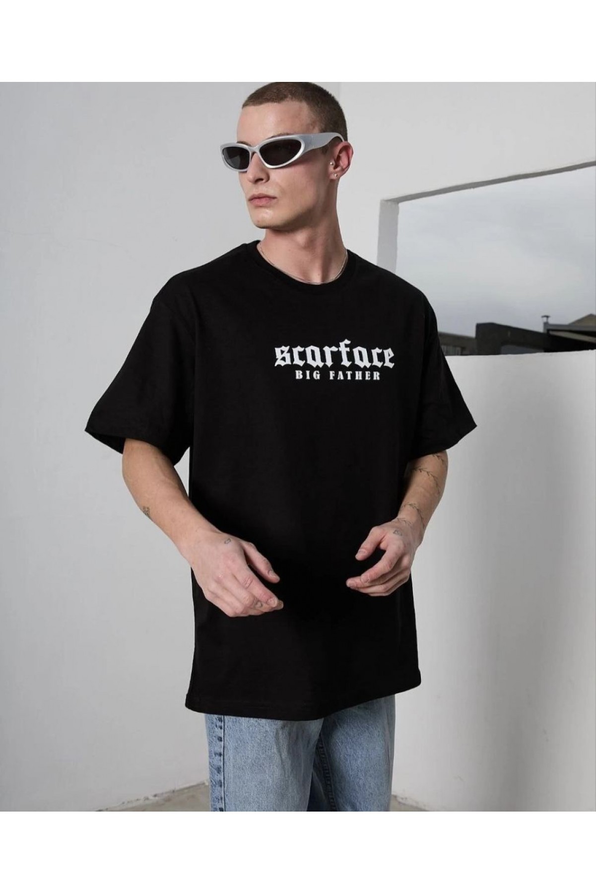 Erkek Kısa Kol Yazlık Tişört Bisiklet Yaka Baskılı Oversize T-Shirt - Siyah