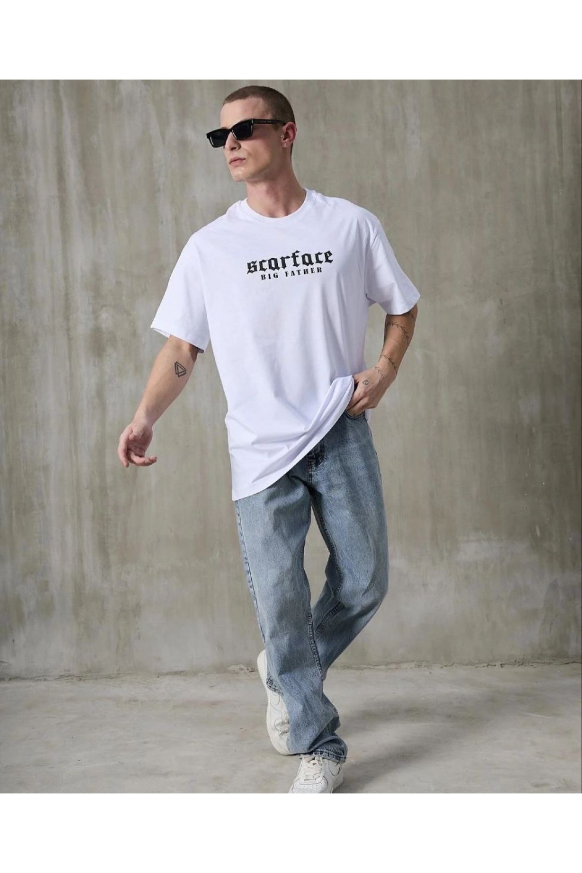 Erkek Kısa Kol Yazlık Tişört Bisiklet Yaka Baskılı Oversize T-Shirt - Beyaz
