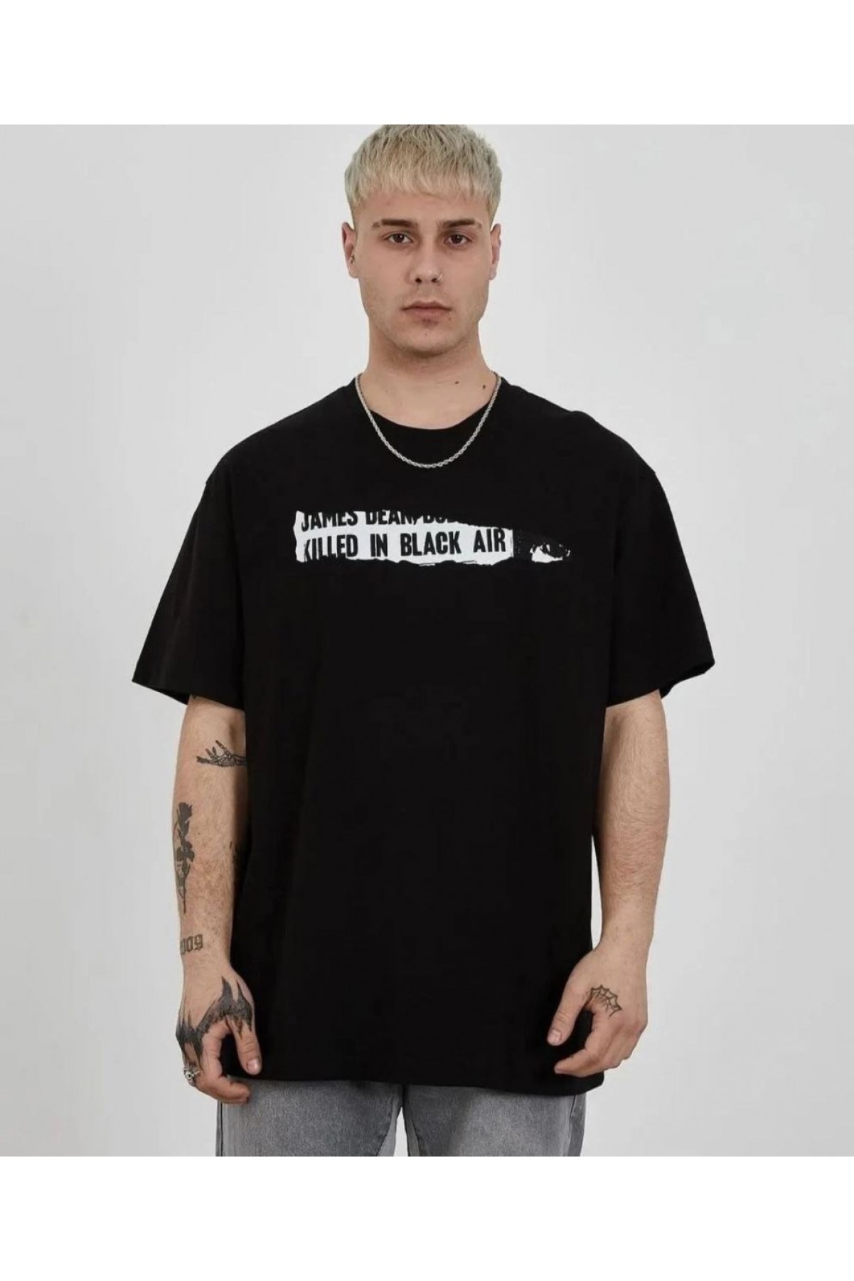 Erkek Kısa Kol Yazlık Tişört Bisiklet Yaka Baskılı Oversize T-Shirt - Siyah