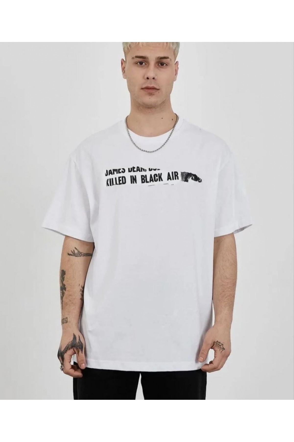 Erkek Kısa Kol Yazlık Tişört Bisiklet Yaka Baskılı Oversize T-Shirt - Beyaz
