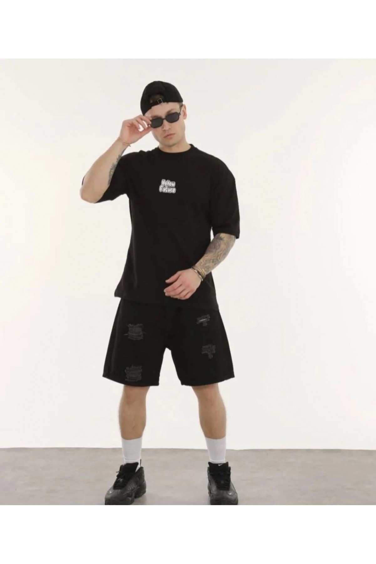 Erkek Kısa Kol Yazlık Tişört Bisiklet Yaka Baskılı Oversize T-Shirt - Siyah