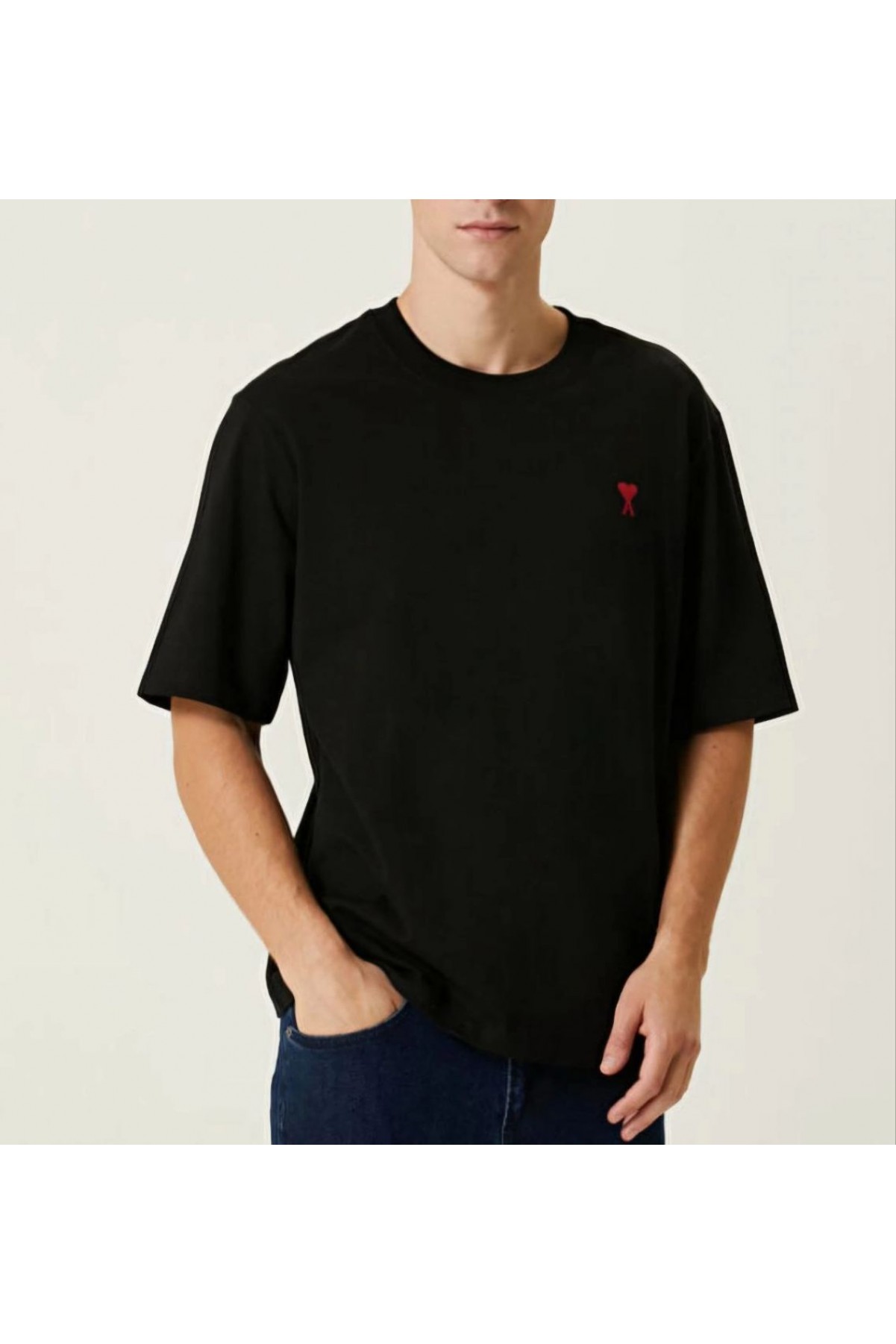 Erkek Kısa Kol Tişört Bisiklet Yaka KALP Baskılı Oversize T-Shirt - Siyah