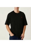 Erkek Kısa Kol Tişört Bisiklet Yaka KALP Baskılı Oversize T-Shirt - Siyah