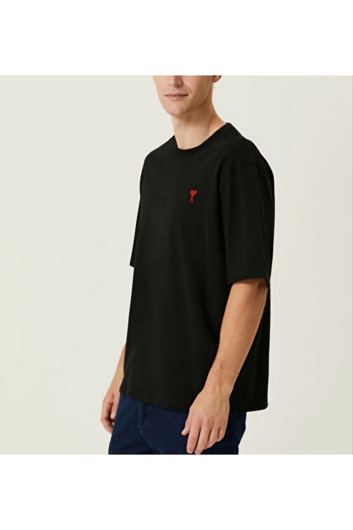 Erkek Kısa Kol Tişört Bisiklet Yaka KALP Baskılı Oversize T-Shirt - Siyah
