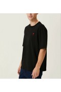 Erkek Kısa Kol Tişört Bisiklet Yaka KALP Baskılı Oversize T-Shirt - Siyah