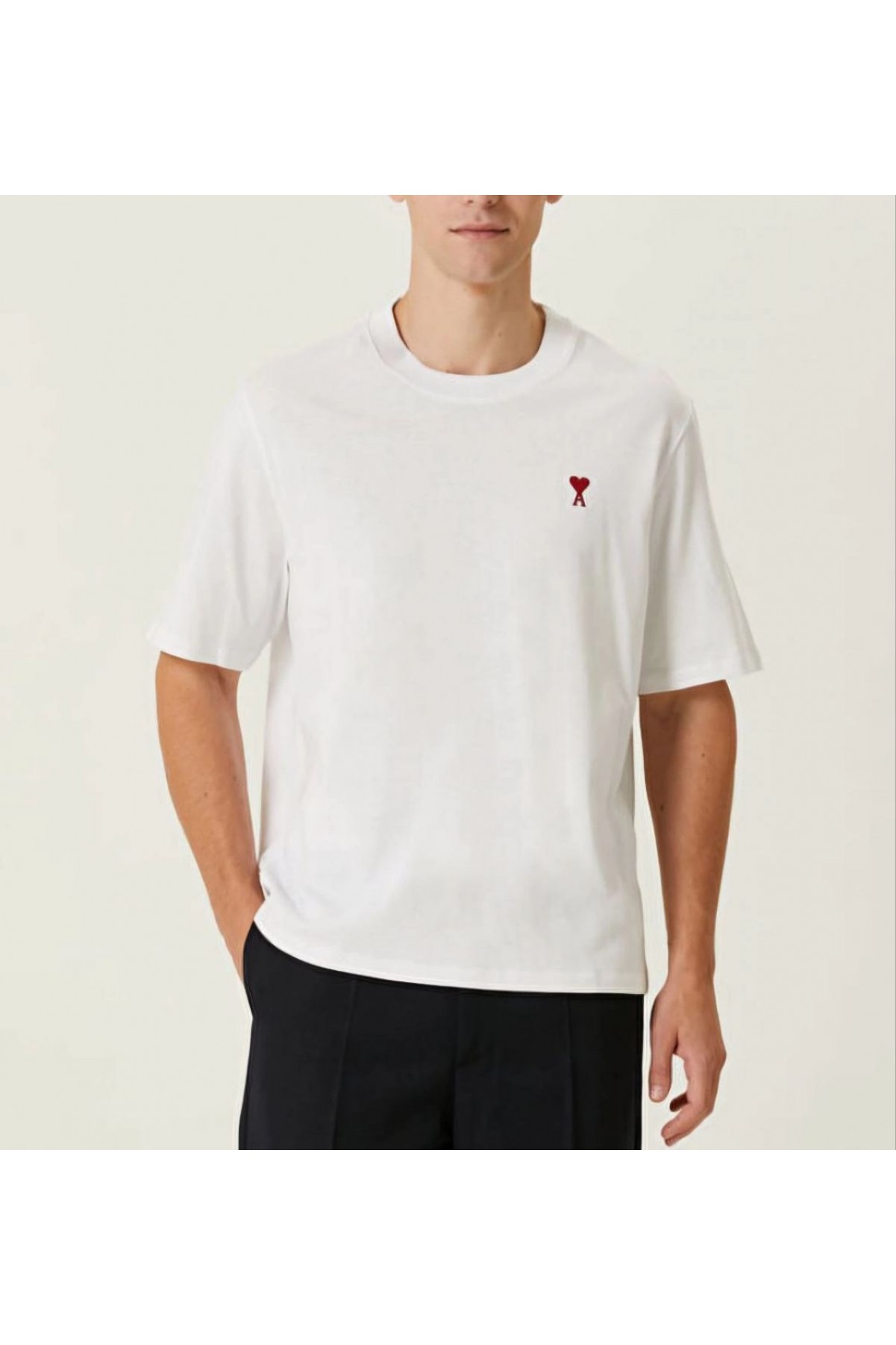 Erkek Kısa Kol Tişört Bisiklet Yaka KALP Baskılı Oversize T-Shirt - Beyaz