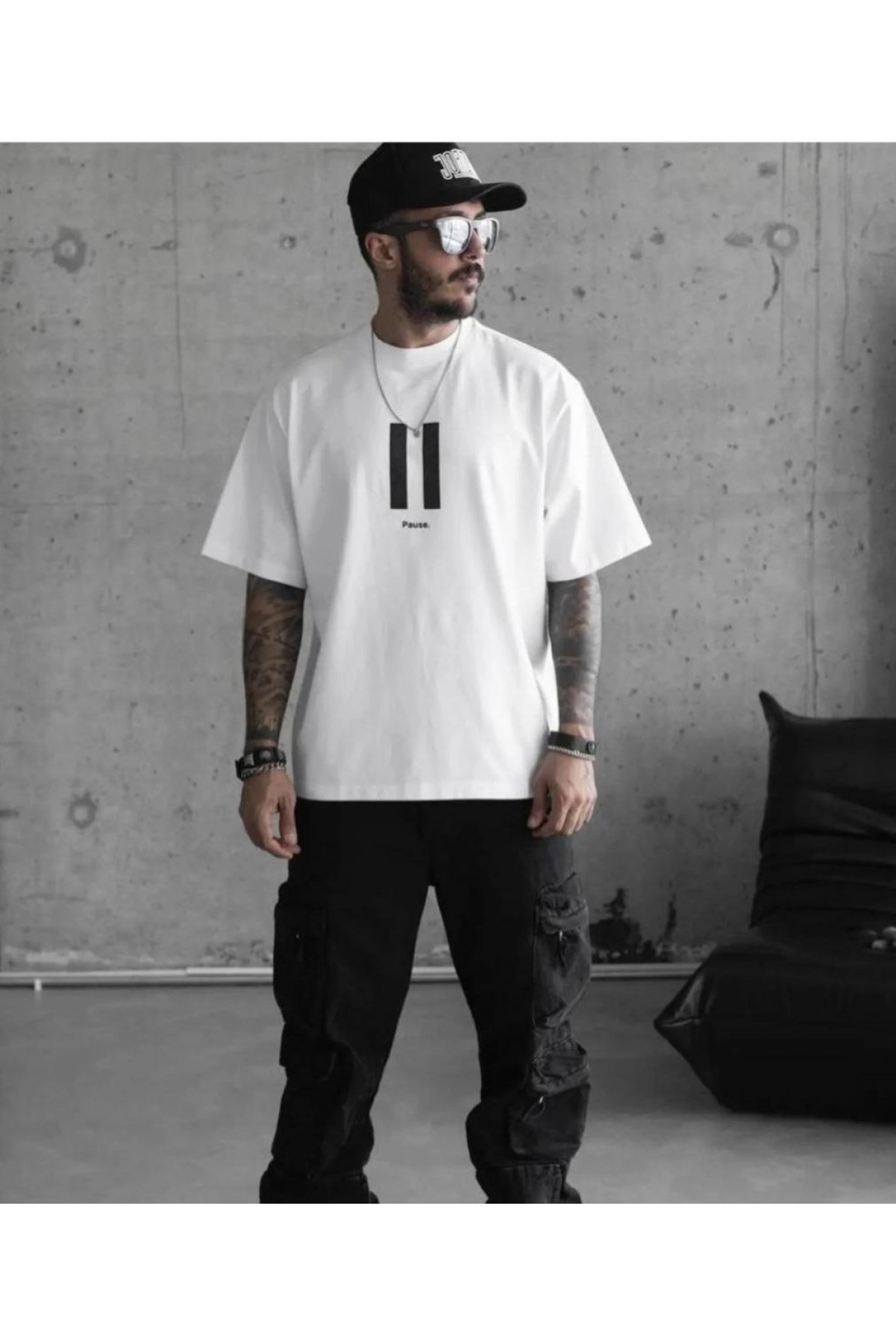 Erkek Kısa Kol Yazlık Tişört Bisiklet Yaka Baskılı Oversize T-Shirt - Beyaz